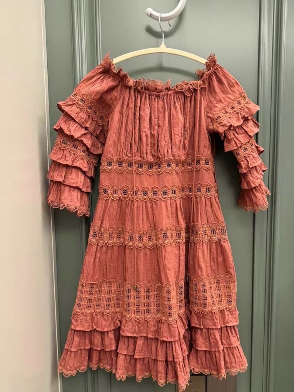 Zimmermann Rust Ruffle Lace Off-Shoulder Dress